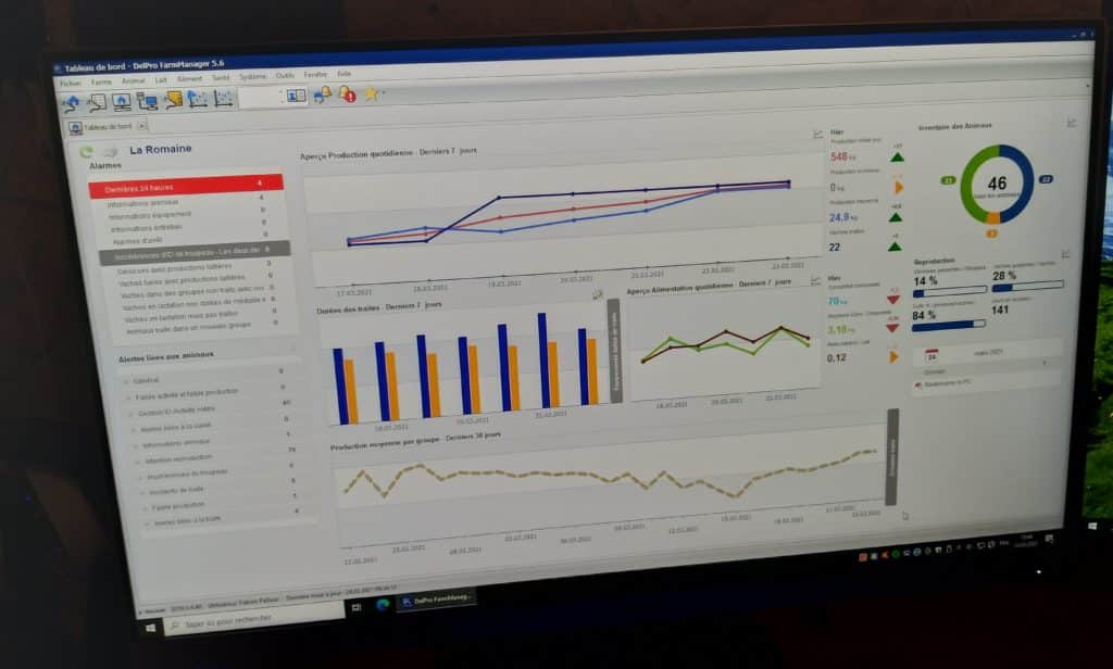 Logiciel de suivi des vaches, ici la vue d’ensemble de l'exploitation.