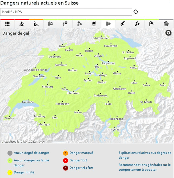 Carte online MétéoSuisse du risque de gel au 4 avril 2022. Malgré les températures négatives exceptionnelles pour un mois d’avril, le risque de gel est faible (1, « aucun danger ou faible danger »).